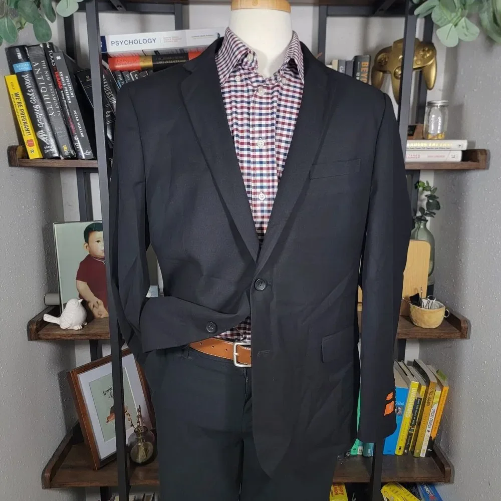 Egara Men's Sport Coat Two Button Solid Black Poly Blend EXTREME SLIM FIT Sz 48R